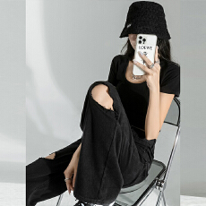 批发早春垂感小个子显瘦阔腿长<b class='q'>裤</b>子黑色破洞牛仔女美式高街宽松直筒<b class='q'>裤</b>