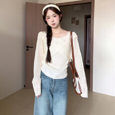 批发韩系穿搭<b class='q'>镂空</b>露肩长袖t恤<b class='q'>针织</b>衫女夏季爆款外搭空调防晒<b class='q'>罩衫</b>上衣