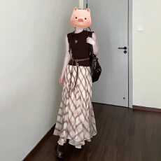 批发韩系穿搭一整套女2026夏季新款设计感<b class='q'>背心</b>上衣复古格纹<b class='q'>长裙</b>两件套