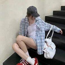 批发<b class='q'>长袖</b>衬衣外套蓝色格子衬衫女2026春秋新款慵懒风宽松休闲百搭上衣