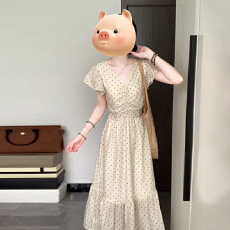 批发法式气质v领波点<b class='q'>连衣裙</b>子女夏季2026新款小飞袖海边度假收腰长裙