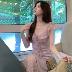 批发高级感紫色小飞袖<b class='q'>连衣裙</b>子女装夏季法式甜美收腰显瘦气质度假长裙