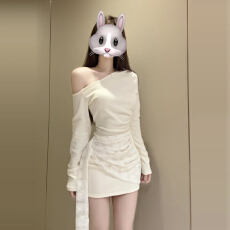 批发法式甜美斜领米白色长袖连衣裙女春季2026新款修身显瘦A字<b class='q'>短裙</b>子