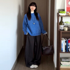 批发蓝色圆领套头毛衣女秋冬2026新款韩系巨好看慵懒松弛感针织衫上衣