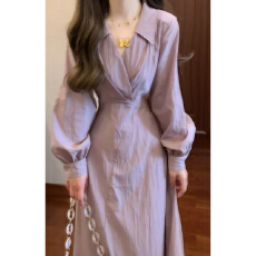 批发法式温柔风紫色翻领<b class='q'>衬衫</b><b class='q'>连衣裙</b>女2026年春季新款气质收腰显瘦长裙