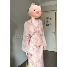 批发法式气质粉色长袖碎花<b class='q'>连衣裙</b>子女早春季2026新款漂亮收腰显瘦<b class='q'>长裙</b>