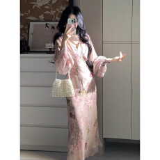 批发法式气质粉色长袖碎花连衣裙子女早<b class='q'>春</b>季2026新款漂亮收腰显瘦长裙