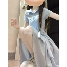 批发法式蓝色polo领连衣裙子女夏季2026新款小个子巨好看气质收腰长裙