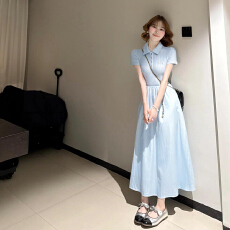 批发法式蓝色polo领连衣裙子女夏季2026新款小个子巨好看气质收腰长裙