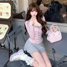 批发韩系纯欲粉色一字肩长袖T恤女春季修身打底衫<b class='q'>蕾丝</b>吊带上衣<b class='q'>两件套</b>