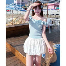 批发法式甜美风蓝色一字肩短袖T恤女夏2026新款<b class='q'>荷叶边</b>设计感露肩上衣