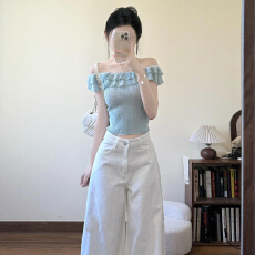 批发法式甜美风蓝色一字肩短袖T恤女夏2026新款<b class='q'>荷叶边</b>设计感露肩上衣