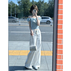 批发法式甜美风蓝色一字肩短袖T恤女夏2026新款<b class='q'>荷叶边</b>设计感露肩上衣