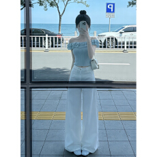 批发法式甜美风蓝色一字肩短袖T恤女夏2026新款<b class='q'>荷叶边</b>设计感露肩上衣