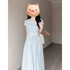 批发法式高级感蓝色娃娃领连衣裙子女夏季2026年新款气质收腰显瘦长裙