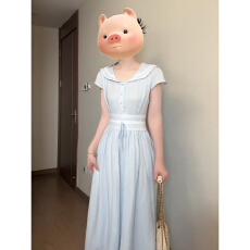 批发法式高级感蓝色娃娃领连衣裙子女夏季2026年新款气质收腰显瘦长裙