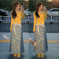 批发2026新款韩系氛围感穿搭一整套裙子女早春季针织开衫半身<b class='q'>长裙</b>套装