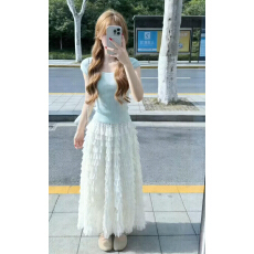 批发韩系巨好看穿搭一整套2026新款蓝色上衣女夏季蕾丝蛋糕裙两件套装