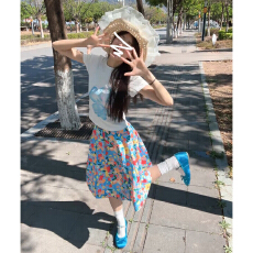 批发韩系碎花<b class='q'>半身裙</b>女中<b class='q'>长款</b>夏季2026新款高腰显瘦中裙设计感白色短袖