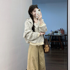 批发2026新款早春韩系穿搭美式复古慵懒风条纹连帽卫衣外套上衣女春秋