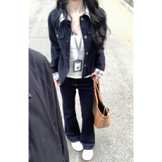 批发春季巨好看藏青色夹克上衣女春秋2026新款高级感宽松显瘦格纹外套