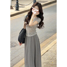 批发韩系慵懒风圆领套头T恤衫宽松休闲半身裙女2026夏季新款气质套装