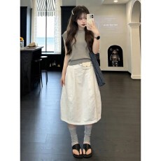 批发韩系减龄ootd穿搭一整套2026新款灰色短袖上衣女夏季半身裙子套装