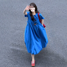 2026夏季新款蓝色A字连衣裙女短袖甜美日系显瘦百搭花苞裙