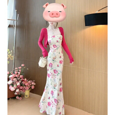 批发韩系纯欲风粉色碎花抹胸鱼尾裙女夏季外搭<b class='q'>玫</b><b class='q'>红</b>开衫显瘦<b class='q'>连衣裙</b>套装