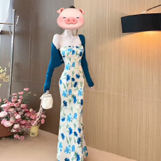 批发韩系纯欲风粉色碎花抹胸鱼尾裙女夏季外搭<b class='q'>玫</b><b class='q'>红</b>开衫显瘦<b class='q'>连衣裙</b>套装