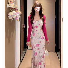 批发韩系纯欲风粉色碎花抹胸鱼尾裙女夏季外搭<b class='q'>玫</b><b class='q'>红</b>开衫显瘦<b class='q'>连衣裙</b>套装