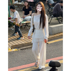 批发2026新款减龄斜肩上衣屁帘阔腿<b class='q'>裤</b>子套<b class='q'>装</b>女夏季韩系休闲防晒两件套