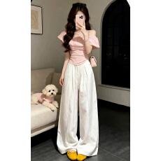 一字肩上衣休闲阔脚裤两件套装女夏季2026新款巨好看漂亮穿搭ootd