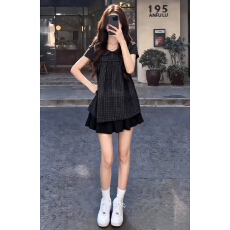 批发韩系娃娃领格纹绑带衬衫<b class='q'>连衣裙</b>2026新款夏季小飞袖上衣短裙子套装