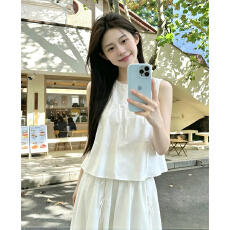 批发白色蝴蝶结无袖<b class='q'>背心</b>连衣裙女2026夏季新爆款小个子巨好看套装<b class='q'>长裙</b>
