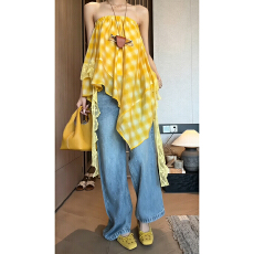 批发明媚多巴胺黄色抹胸格子连衣裙子女初夏独特漂亮不规则蕾丝水母裙