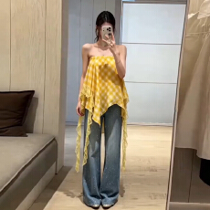 批发明媚多巴胺黄色抹胸格子连衣裙子女初夏独特漂亮不规则蕾丝水母裙