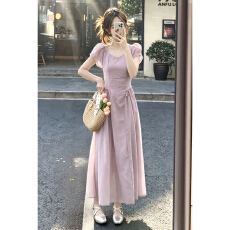 批发法式巨好看紫色短袖<b class='q'>连衣裙</b>子女夏季2026新款海边度假漂亮气质长裙