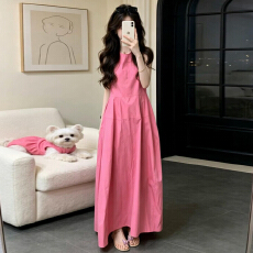批发2026新款多巴胺粉色<b class='q'>无袖</b>背心连衣裙子女夏季小个子度假风收腰长裙
