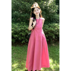 批发2026新款多巴胺粉色<b class='q'>无袖</b>背心连衣裙子女夏季小个子度假风收腰长裙