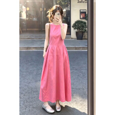 批发2026新款多巴胺粉色<b class='q'>无袖</b>背心连衣裙子女夏季小个子度假风收腰长裙