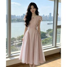 批发2026新款温柔风粉色波点短袖<b class='q'>连衣裙</b>子女夏季网纱拼接a字收腰长裙