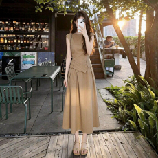 批发美拉德复古咖色<b class='q'>连衣裙</b>子女夏季2026新款绝美穿搭独特漂亮收腰长裙