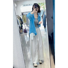 批发韩系蓝色翻领<b class='q'>长袖</b>防晒衬衫女夏季薄款松弛感衬衣宽松<b class='q'>外</b><b class='q'>搭</b>罩衫上衣