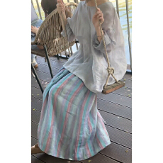 批发温柔慵懒风套装女夏季<b class='q'>文艺</b>森系宽松显瘦薄款棉麻上衣彩条纹半身裙