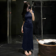 批发巨好看韩系穿搭一整套蓝色<b class='q'>连衣裙</b>子女夏季2026新款<b class='q'>波点</b>包臀裙套装