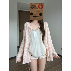 批发韩系粉色条纹防晒开衫外套女夏季薄款宽松慵懒风空调罩衫外搭上衣
