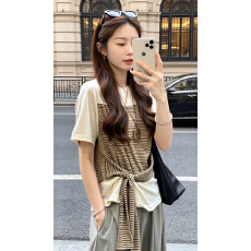 批发韩系松弛风灰色<b class='q'>条纹</b>短袖t恤女2026夏季法式锁骨小上衣清冷感穿搭