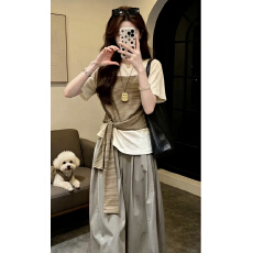 批发韩系松弛风灰色<b class='q'>条纹</b>短袖t恤女2026夏季法式锁骨小上衣清冷感穿搭