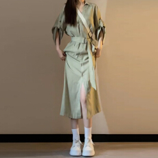 批发法式绝美绿色衬衫连衣裙子女夏季2026新款设计感收腰显瘦气质长裙